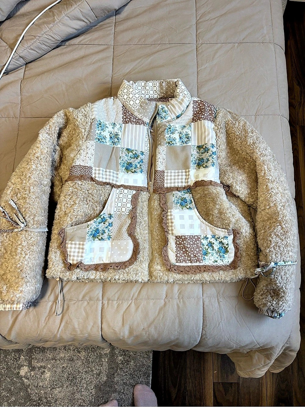 Wranch Love Patchwork Teddy Jacket in Brown & White
